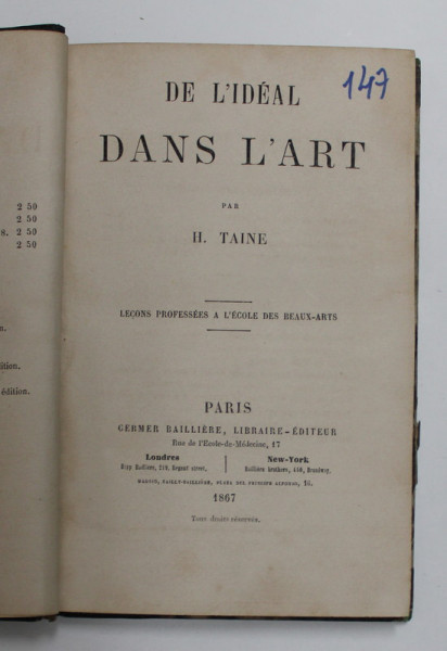 D L &#039;IDEAL DANS L &#039;ART par H. TAINE , 1867
