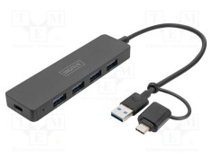 Hub USB 3.0 DIGITUS 4 porturi USB A și USB C, adaptor USB A - USB C, cablu 0.2m, negru