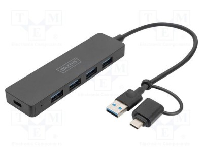 Hub USB 3.0 DIGITUS 4 porturi USB A și USB C, adaptor USB A - USB C, cablu 0.2m, negru foto