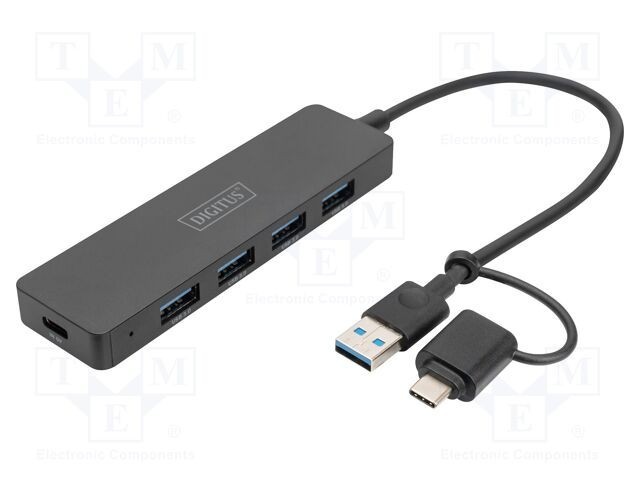 Hub USB 3.0 DIGITUS 4 porturi USB A și USB C, adaptor USB A - USB C, cablu 0.2m, negru