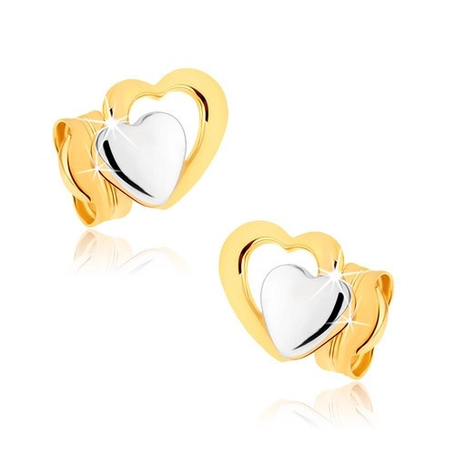 Cercei cu şurub din aur 9K - inimi simetrice &icirc;n două culori, placaţi cu rodiu