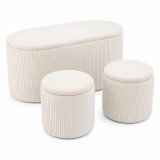 Set 3 tabureti cu spatiu de depozitare, design striat modern, alb
