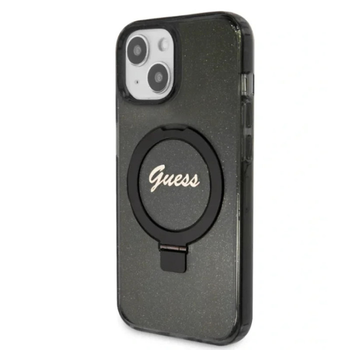 Husa Guess IML Ring Stand Glitter MagSafe pentru iPhone 15 Black