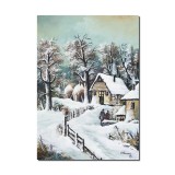 Tablou pictat manual living, dormitor, Peisaj de iarna, amintiri din copilarie, 70x50cm pictura ulei pe panza