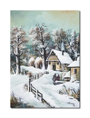 Tablou pictat manual living, dormitor, Peisaj de iarna, amintiri din copilarie, 70x50cm pictura ulei pe panza foto