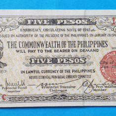 5 Pesos 1942 Filipine - Bancnota SUPERBA - five pesos Philippines