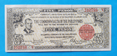 5 Pesos 1942 Filipine - Bancnota SUPERBA - five pesos Philippines foto