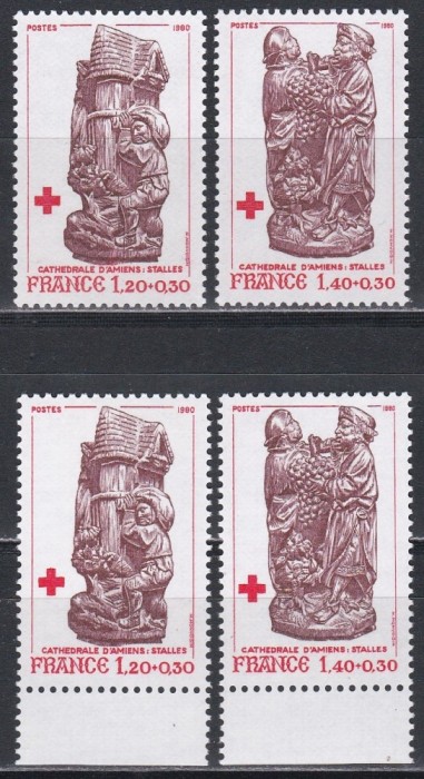 Franta 1980 - Crucea Roșie, 2 Serii cu PERFORAȚII DIFERITE (13:13 și 12 1/2:13), MNH