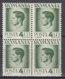 ROMANIA 1945/1947 LP 187 REGELE MIHAI I - UZUALE HARTIE ALBA EROARE LINIE OBLICA INTRE L SI E DIN LEI DREAPTA SUS BLOC DE 4 TIMBRE MNH, Nestampilat