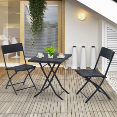 Outsunny Set Mobilier pentru Grădină din Poly Ratan 3buc Set Masă și 2 Scaune pentru Grădină Pliabile Negru