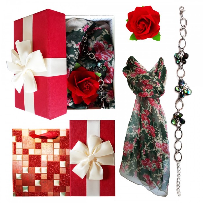 Pachet cadou Valentine s Day, bratara cu fluturi din sidef, esarfa si brosa Pachet cadou Valentine s Day, bratara cu fluturi din sidef, esarfa si brosa