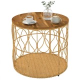 Outsunny Măsuță laterală &Oslash;50 cm rezistentă la intemperii, masă de grădină cu aspect de rattan, blat din lemn de acacia, picioare reglabile Teak | Aoso