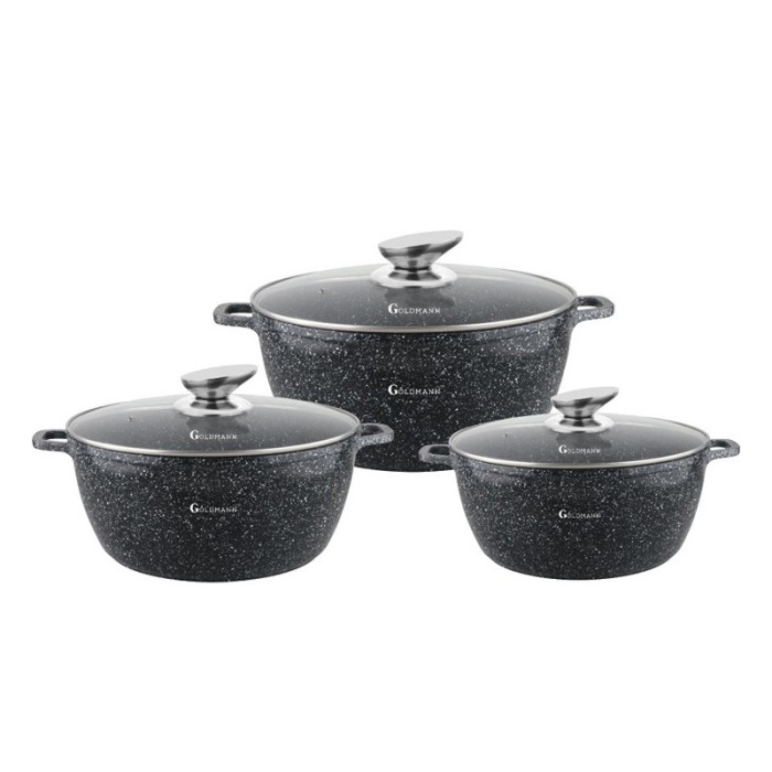 Set 3 oale cu capace Goldmann din aluminiu turnat si invelis din granit, capace incluse