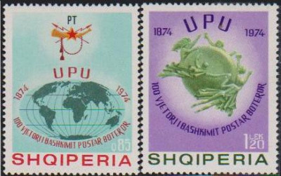 ALBANIA - 1974 - Centenar UPU - serie +bloc : In 2024 se implinesc 150 ani foto