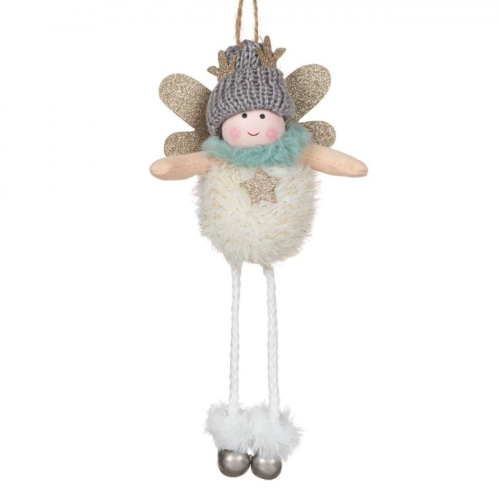Ornament Brad de Crăciun, Ingeras, Lemn și Poliester, Blană Albă, Aripi cu Glitter, Căciula Gri, 20 cm