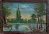 TABLOU VECHI IN ULEI, PE PLACAJ, PEISAJ DINTR-O POIENITA CU LAC, SEMNATURA INDESCIFRABILA - 1962-239943