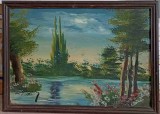 TABLOU VECHI IN ULEI, PE PLACAJ, PEISAJ DINTR-O POIENITA CU LAC, SEMNATURA INDESCIFRABILA - 1962-239943