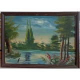 TABLOU VECHI IN ULEI, PE PLACAJ, PEISAJ DINTR-O POIENITA CU LAC, SEMNATURA INDESCIFRABILA - 1962-239943