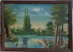 TABLOU VECHI IN ULEI, PE PLACAJ, PEISAJ DINTR-O POIENITA CU LAC, SEMNATURA INDESCIFRABILA - 1962-239943