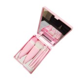 Set 5 mini pensule de machiaj, flippy, portabile, in carcasa cu oglinda, din par sintetic moale, roz, 12x7x2.5 cm