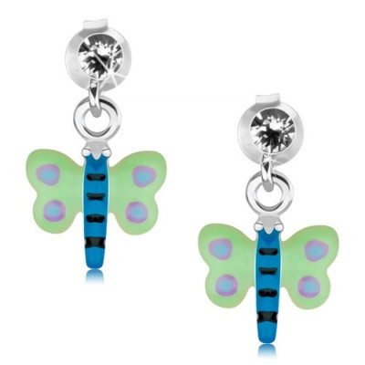 Cercei din 925 fluture argintiu, verde și albastru cu puncte violet, cristal foto