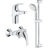 Pachet baterii Grohe Start Curve: baterie dus + baterie lavoar + para de dus cu suport, cartus ceramic, 1/2, crom