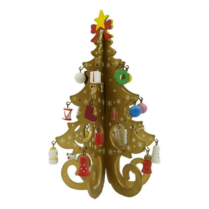 Decoratiune Craciun, Brad, Auriu, 6 cavitati cu ornamente, 12 cm x 20 cm, Lemn, Flippy