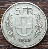 (A102) MONEDA DIN ARGINT ELVETIA - 5 FRANCS FRANCI 1933, PASTOR