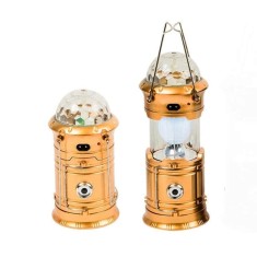 Felinar pentru camping, cu incarcare USB, lanterna, suport de agatat, din ABS, pliabil, lumini RGB, auriu