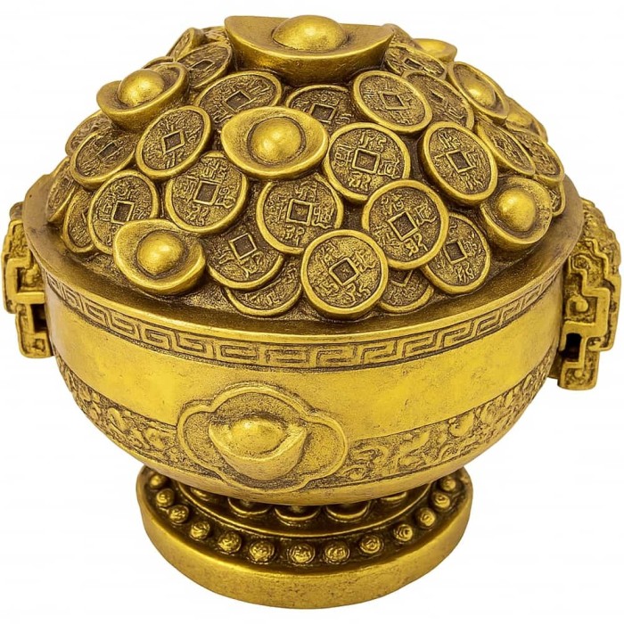 Vasul abundentei feng shui cu monede pepite, crapi si dragoni, auriu