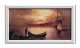 Cumpara ieftin Tablou apus de soare cu vela si barca in Delta Dunarii pictat manual inramat, 45x25cm ulei pe panza, rama din lemn, Geo Ungureanu
