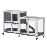 PawHut Cușcă de Lemn cu Roți 147x45,5x88,5 cm Jaulă pentru Iepuri de 2 Etaje cu Acoperiș Deschis 2 Curți din Metal 3 Tăvi Detașabile 3 Uși cu Sistem d
