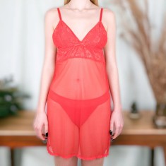 Babydoll din Tull și Dantelă Roșie - XL - Rosu