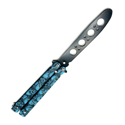 Cutit fluture Butterfly, Balisong 22 cm, albastru, cranii, fara tais, de antrenament foto