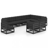 Cumpara ieftin Set mobilier grădină cu perne, 10 piese, negru, lemn masiv pin