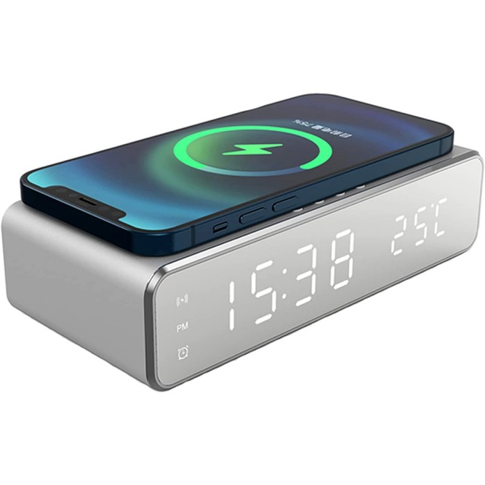 Ceas cu alarma digital Brius&trade;, LED, Incarcare wireless, Fast Charging 5W, Termometru/Temperatura, Compatibil cu iPhone iOS, Android, Windows si Casti