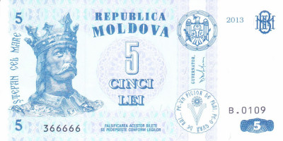 Bancnota Moldova 5 Lei 2013 - P9g UNC ( nr. serie aproape solid - 366666 ) foto