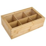 Cutie de bambus cu 6 compartimente și capac cu fereastră din sticlă pentru ceai, 30x18x9 cm, CMCLASS