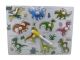 Incastru Lemn Dinozauri cu Tablita Desen Marker Inclus, Joc Educativ Motricitate, Puzzle Lemn 30x23 cm, Recomandat 3+ Ani