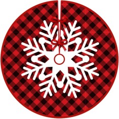 Covoras pentru bradul de craciun, flippy, din tesatura pufoasa, cu fundite de prindere, model fulg de nea, carouri rosu/negru, diametru 90 cm