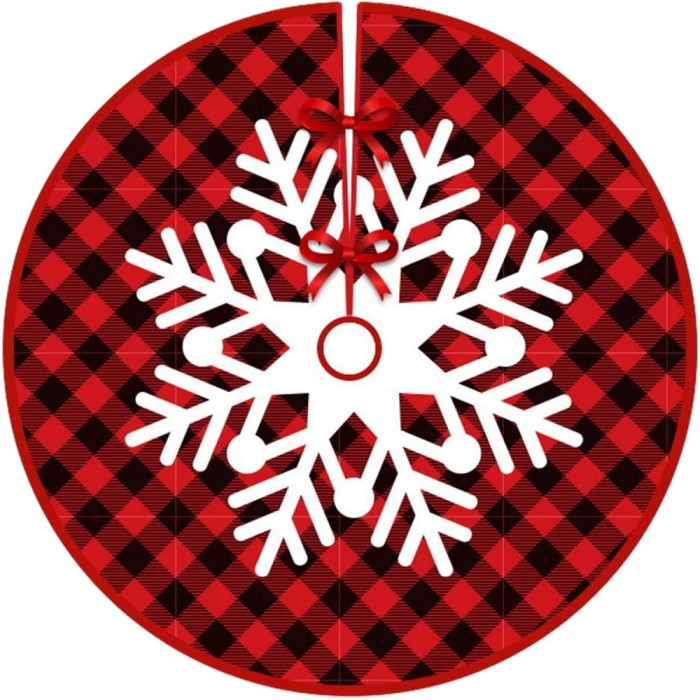 Covoras pentru bradul de craciun, flippy, din tesatura pufoasa, cu fundite de prindere, model fulg de nea, carouri rosu/negru, diametru 90 cm