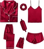 Cumpara ieftin Set pijamale din satin pentru femei SWOMOG, scurte lungi, 7 piese, rosu, XL - OUTLET