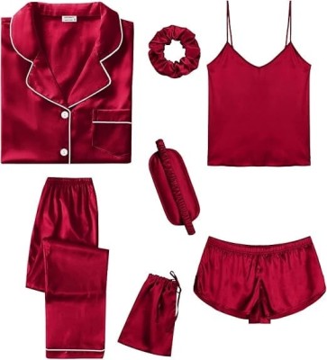 Set pijamale din satin pentru femei SWOMOG, scurte lungi, 7 piese, rosu, XL - OUTLET foto
