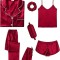Set pijamale din satin pentru femei SWOMOG, scurte lungi, 7 piese, rosu, XL - OUTLET