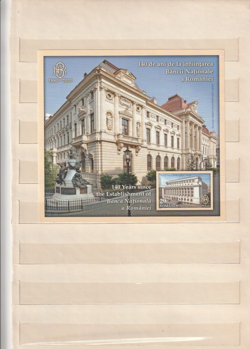 ROMANIA 2020 LP 2304 a LP 2304 b 140 DE ANI DE LA INFIINTAREA BANCII NATIONALE A ROMANIEI COLITA + BLOC DE 6 TIMBRE MNH NESTAMPILATE