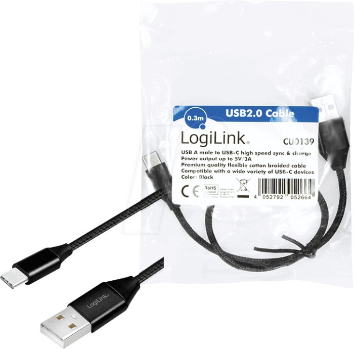 Cablu USB 2.0 A - USB type C 0.3m negru LOGILINK CU0139