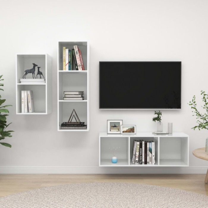 Set de dulapuri TV, 3 piese, alb extralucios, lemn prelucrat
