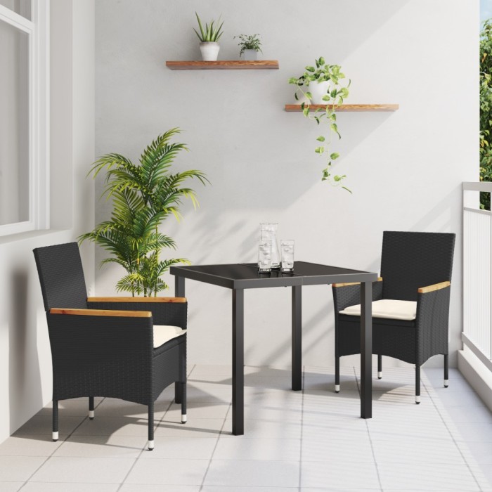 Set de masa pentru gradina Gossi cu perne poliratan negru, masa de gradina Gossi neagra 80x80x73 cm sticla temperata