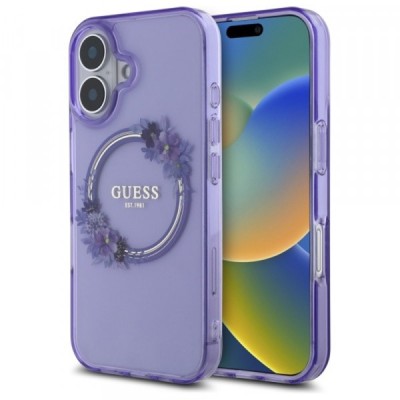 Husa MagSafe pentru Apple iPhone 16, Guess, IML Flowers Wreath, Mov foto