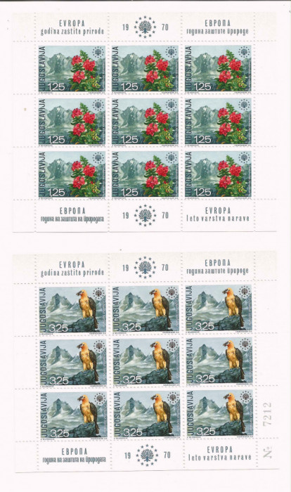 Iugoslavia 1970, flora, fauna, pasari, blocuri de 9, Mi. 1406/1407 MNH, 110 &euro;